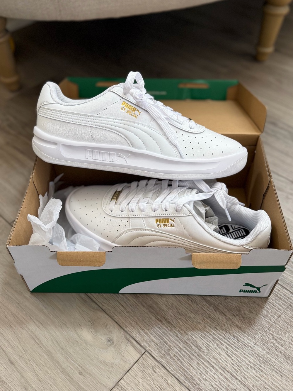 Puma White GV Special Sneakers with Gold Logo